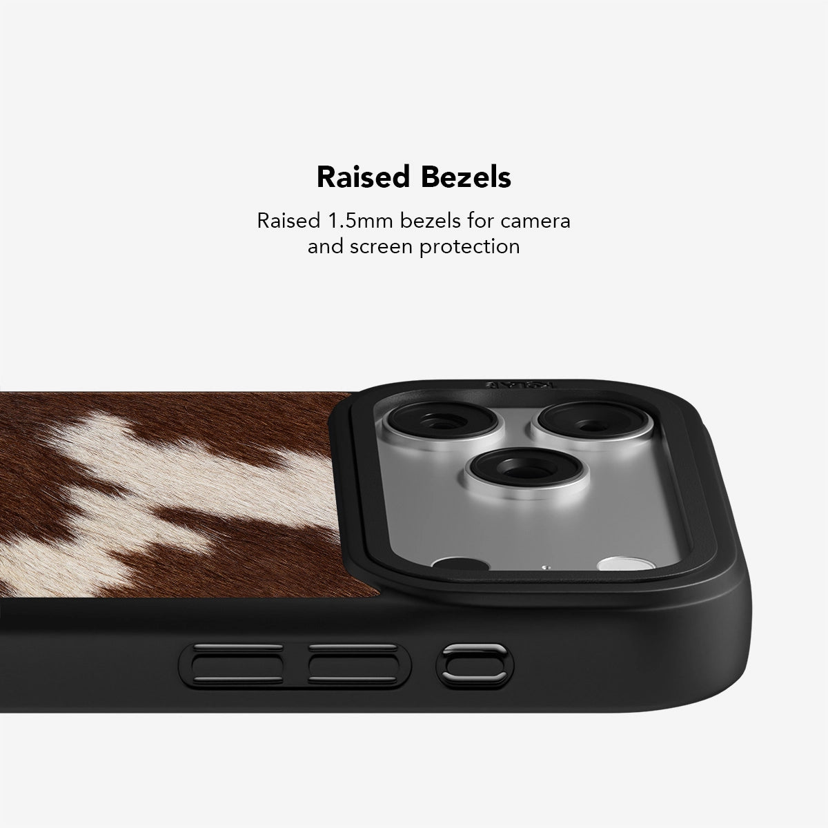 Brown cowhide patterned iPhone case with raised bezels for camera and screen protection.