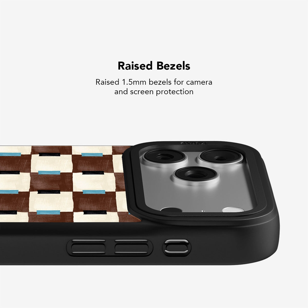 Textured phone case with raised 1.5mm bezels for camera and screen protection, featuring a colorful design.