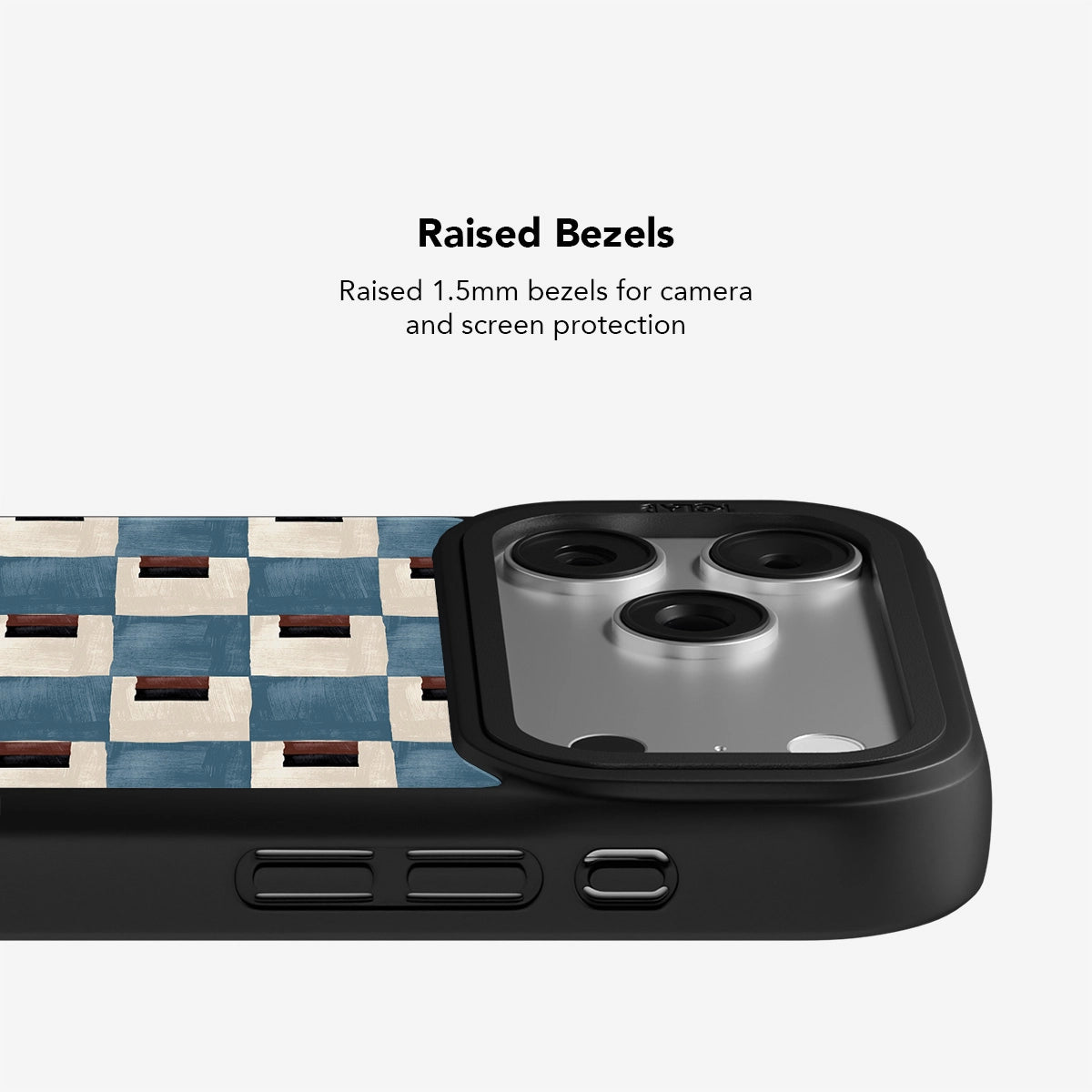 Stylish phone case with blue and cream pattern, featuring raised bezels for camera and screen protection.