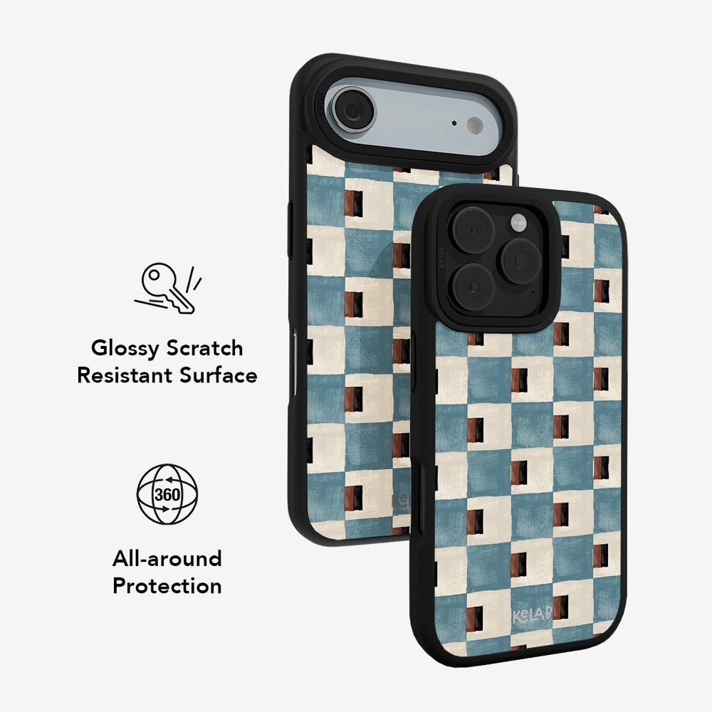 Stylish blue and white patterned phone case with glossy scratch-resistant surface and 360° protection.