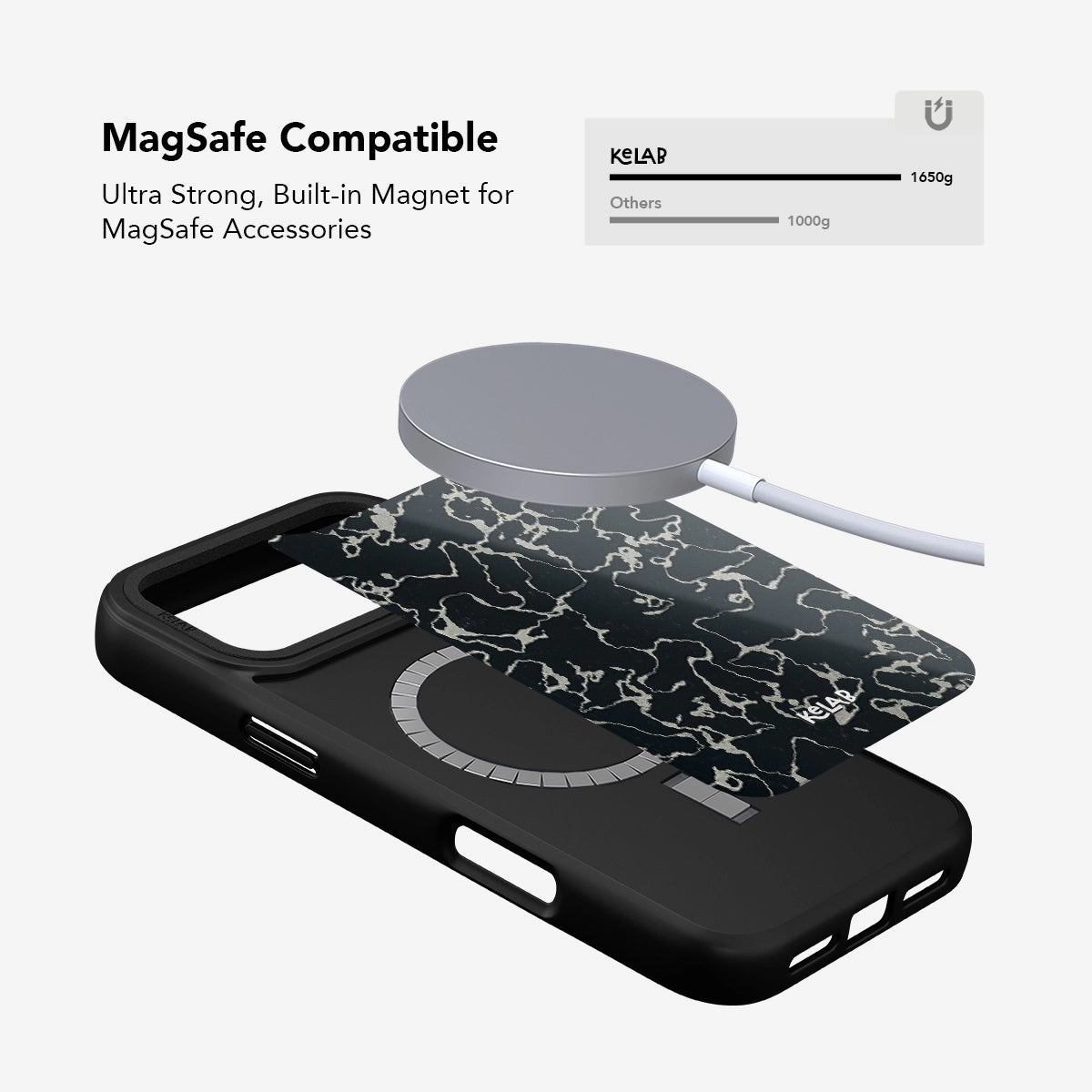 KELAB Abstract Black Marble iPhone Case with built-in MagSafe magnet for secure accessory attachment. Compatible with MagSafe charging.