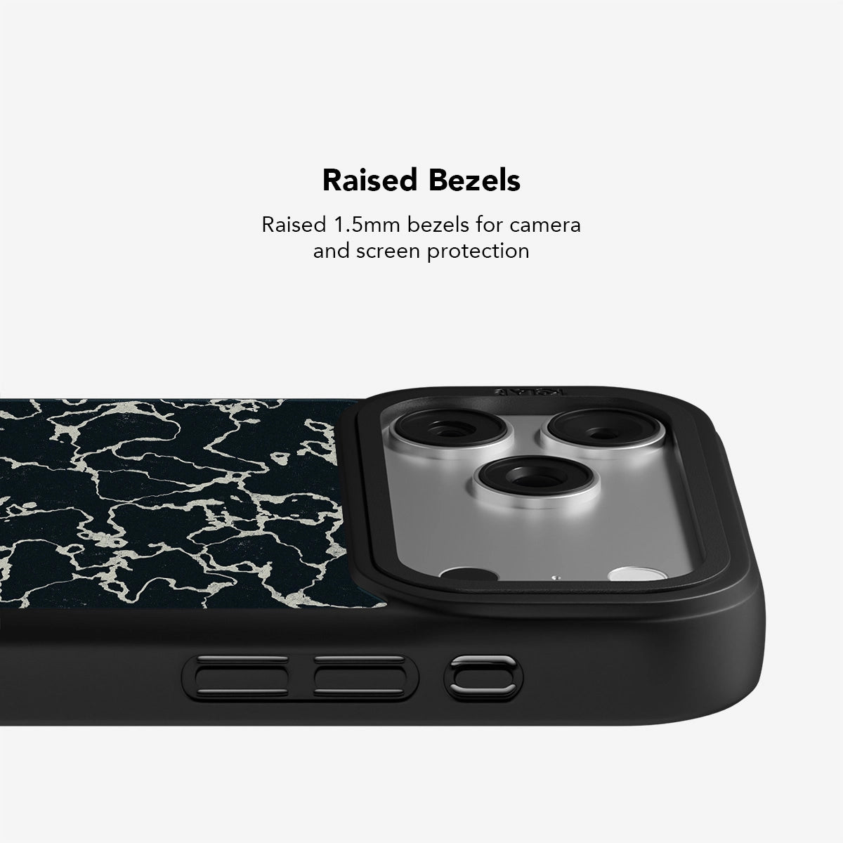 Close-up of KELAB Abstract Black Marble iPhone Case showing 1.5mm raised bezels for enhanced camera and screen protection.