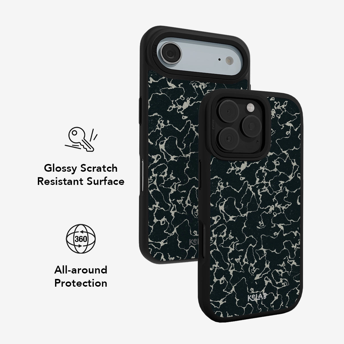 Glossy scratch-resistant Abstract Black Marble iPhone Case by KELAB offering 360° all-around protection with stylish marble design.