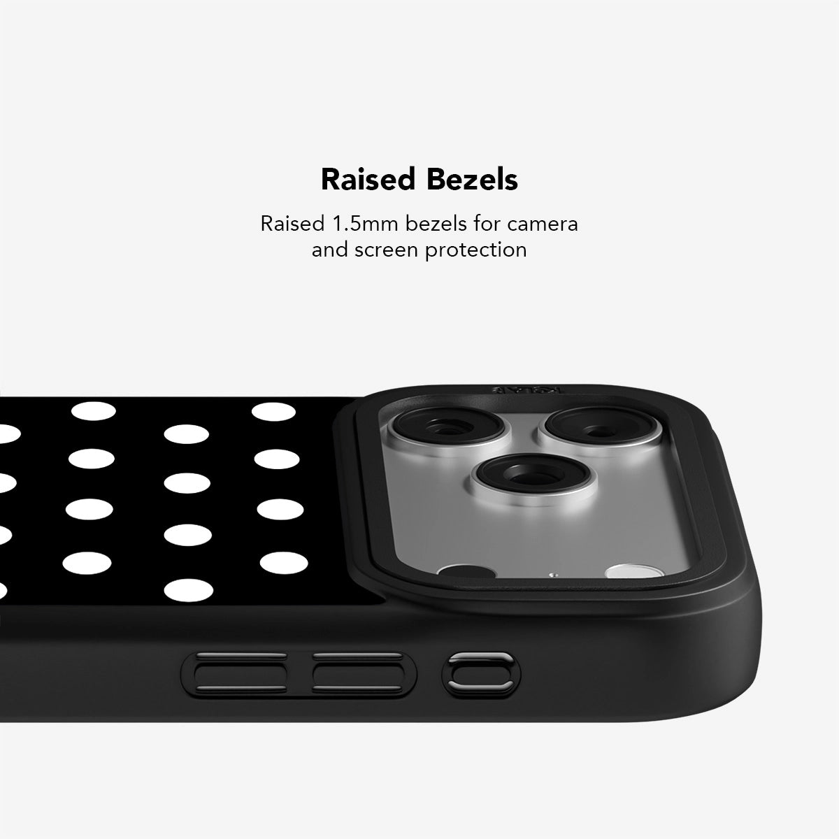 Black polka dot phone case with raised bezels for camera and screen protection.