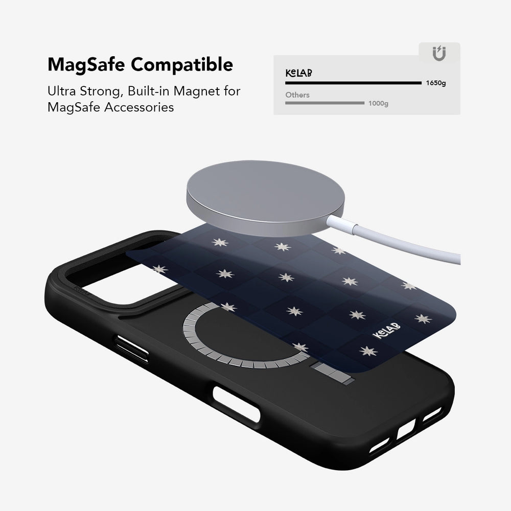 MagSafe compatible Navy Checkered iPhone Case with built-in magnet and celestial star design, supports secure attachment of accessories up to 1500g.