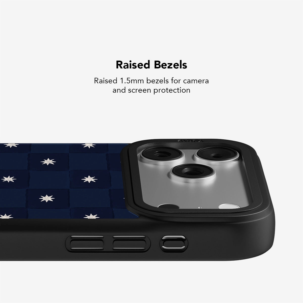 Navy Checkered iPhone Case with raised 1.5mm bezels for enhanced camera and screen protection, styled with a vintage star pattern.