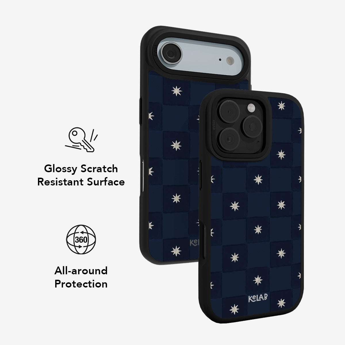 Glossy Navy Checkered iPhone Case with celestial design offering 360° all-around protection and a scratch-resistant surface for everyday durability.