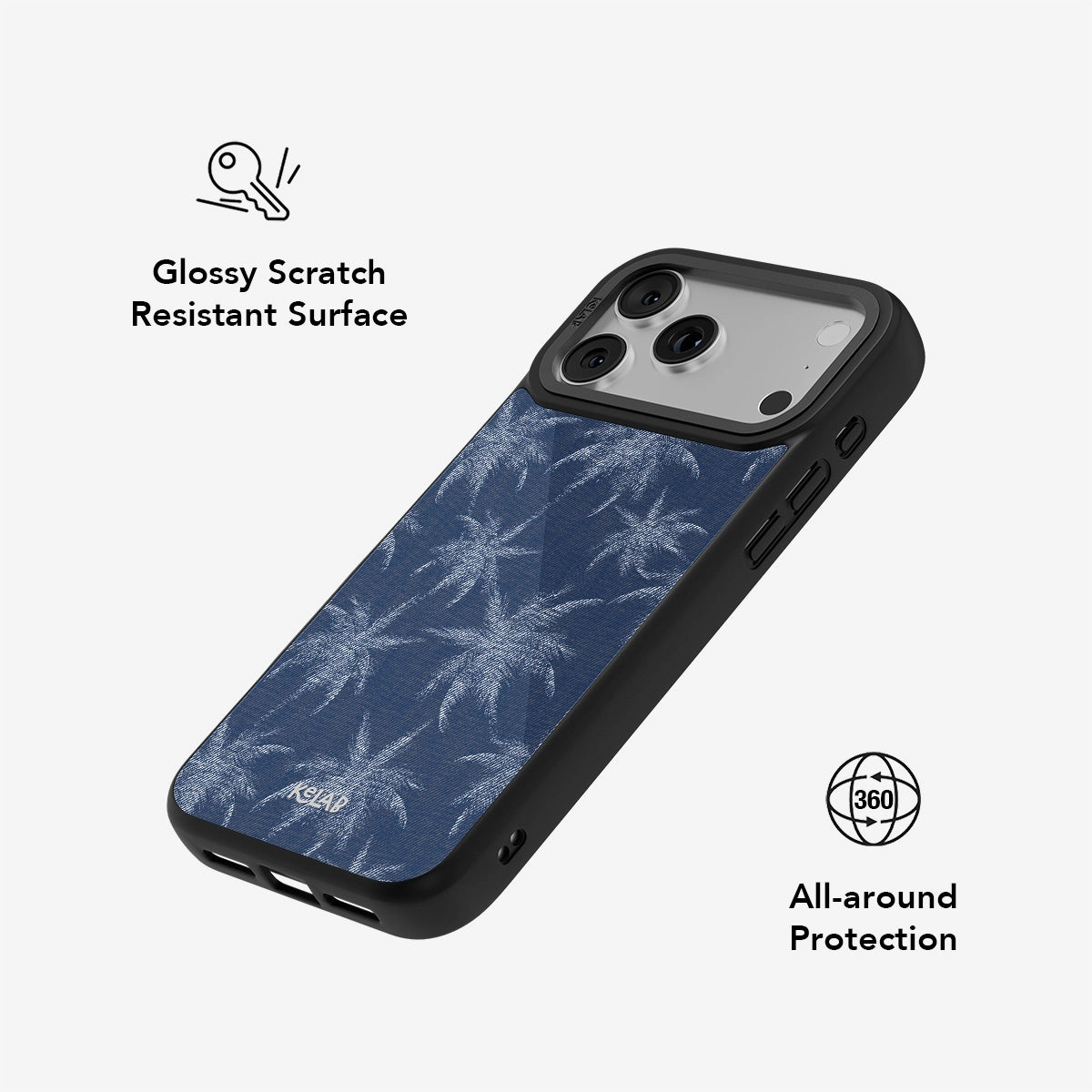 Glossy scratch-resistant Denim Tree Phone Case with 360° protection and denim blue palm tree design, ideal for everyday durability.