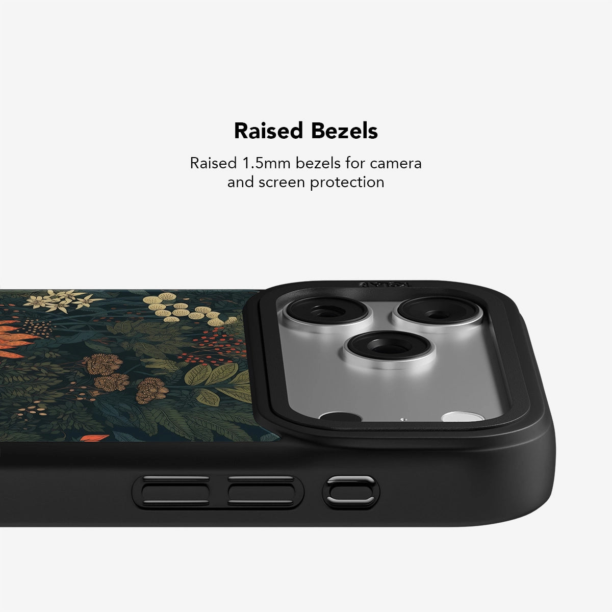 Elderberry Enchantment phone case with dark academia floral design and raised 1.5mm bezels for iPhone camera and screen protection.