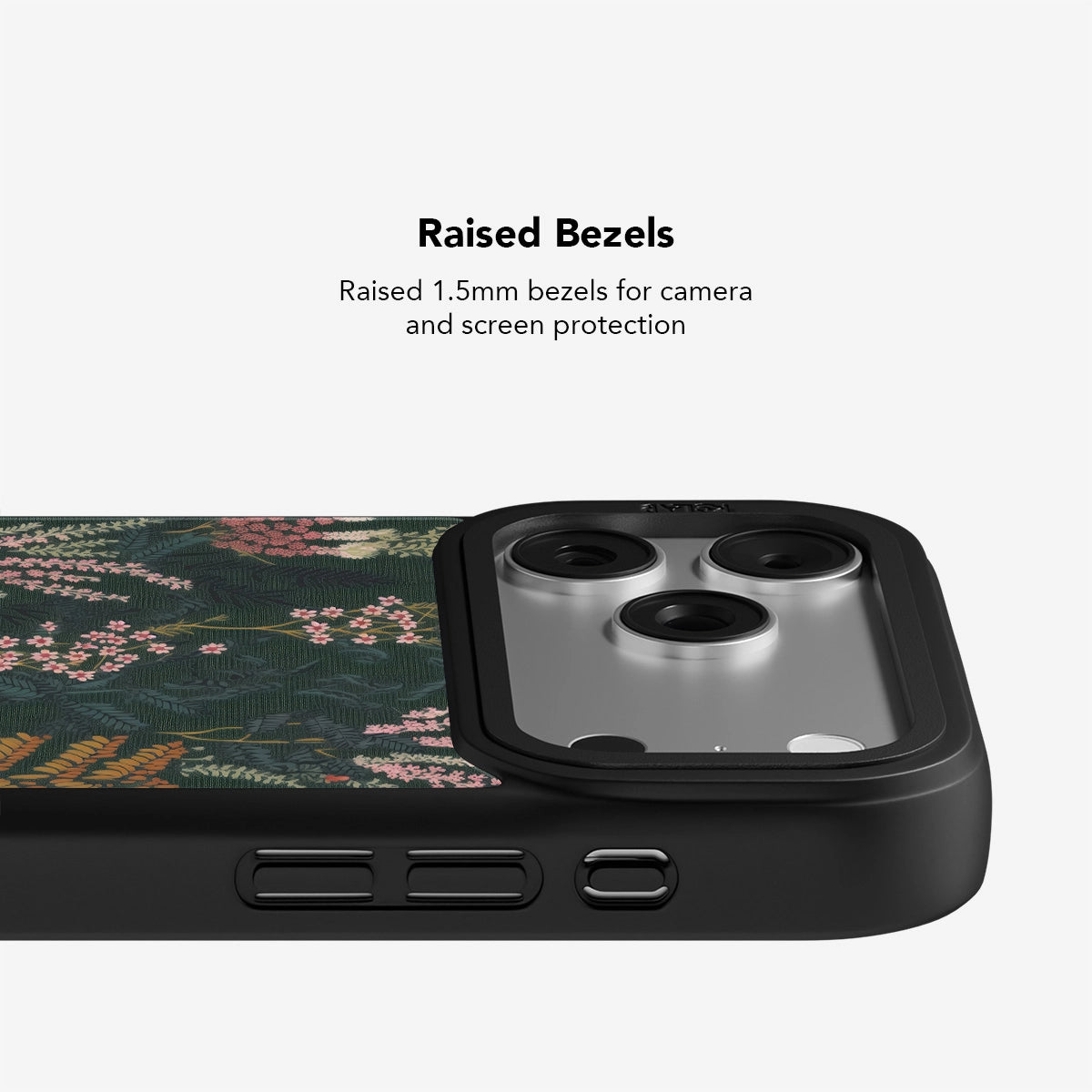 Heather & Hearth Dark Academia Floral Phone Case with raised 1.5mm bezels for iPhone camera and screen protection, inspired by denim tree pattern.