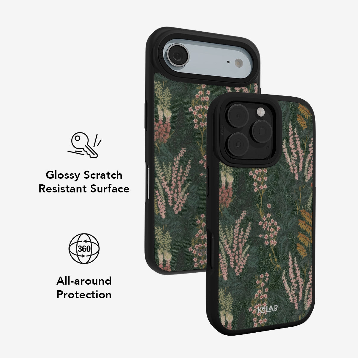Heather & Hearth Dark Academia Floral Phone Case with denim tree pattern, glossy scratch-resistant surface, and 360° all-around protection.