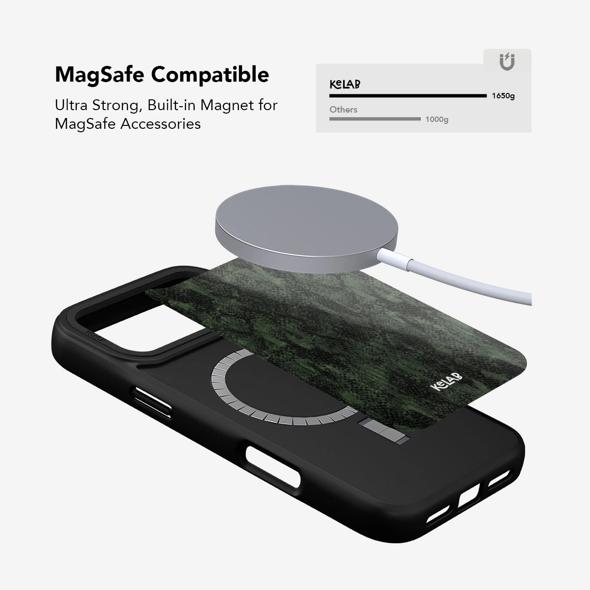 Emerald Python textured olive snakeskin phone case by KELAB, MagSafe compatible with ultra-strong built-in magnet for iPhone 11 to 17 models.
