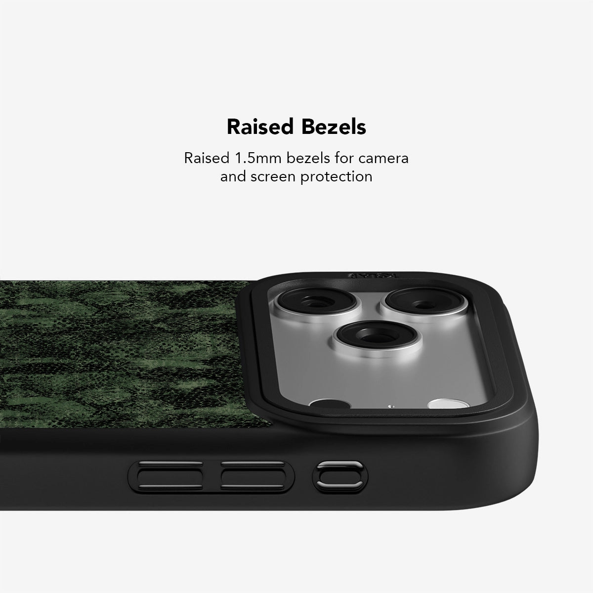 Emerald Python textured olive snakeskin phone case with raised 1.5mm bezels for camera and screen protection, classic fit for iPhone models.