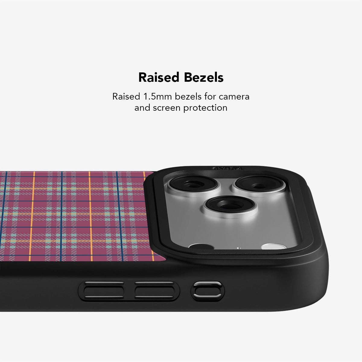 Mullberry Hue mauve and teal plaid phone case with raised 1.5mm bezels for camera and screen protection, inspired by Denim Tree patterned design.