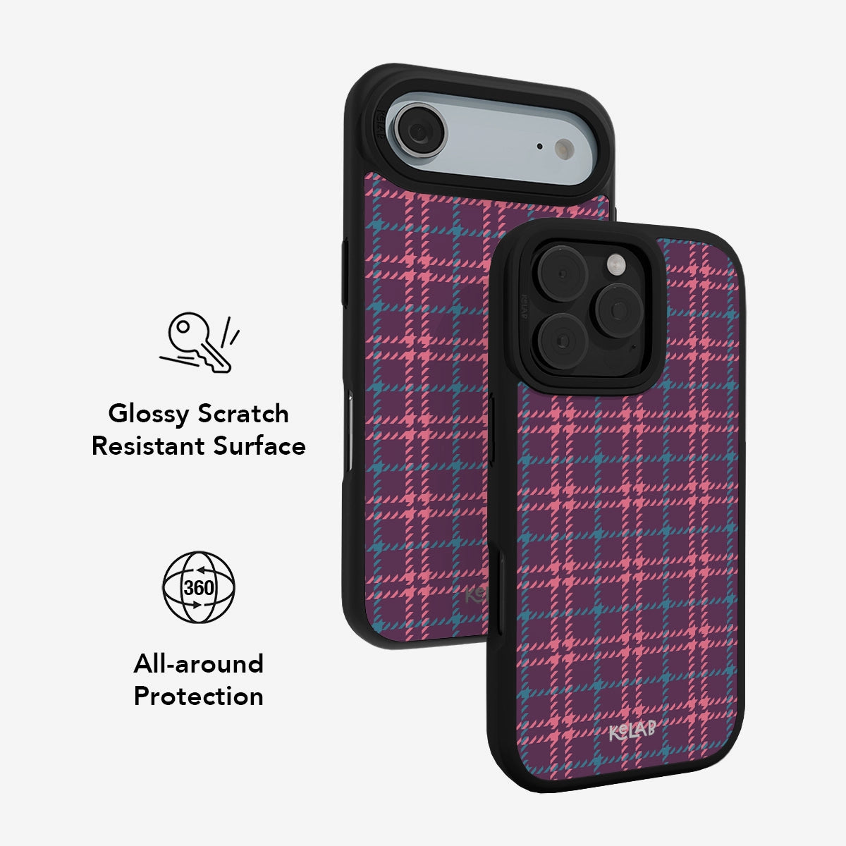 Mullberry Hue mauve and teal plaid phone case by KELAB with glossy scratch-resistant surface and 360° all-around protection for iPhone models.