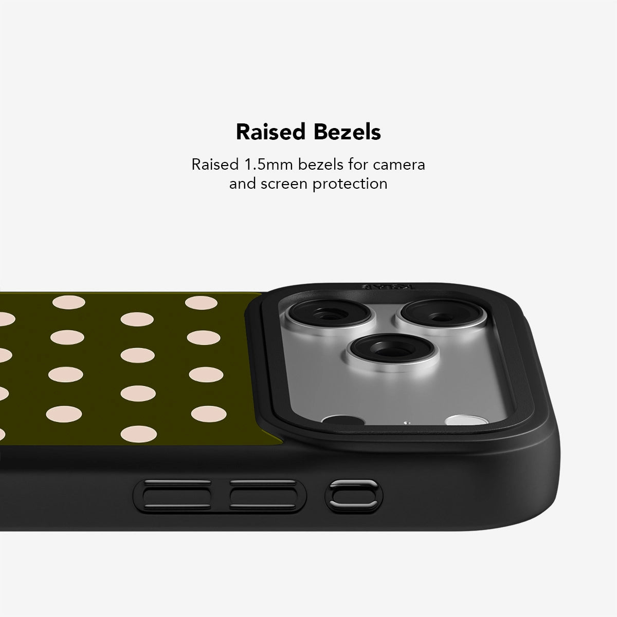 Green polka dot phone case with raised 1.5mm bezels for camera and screen protection.