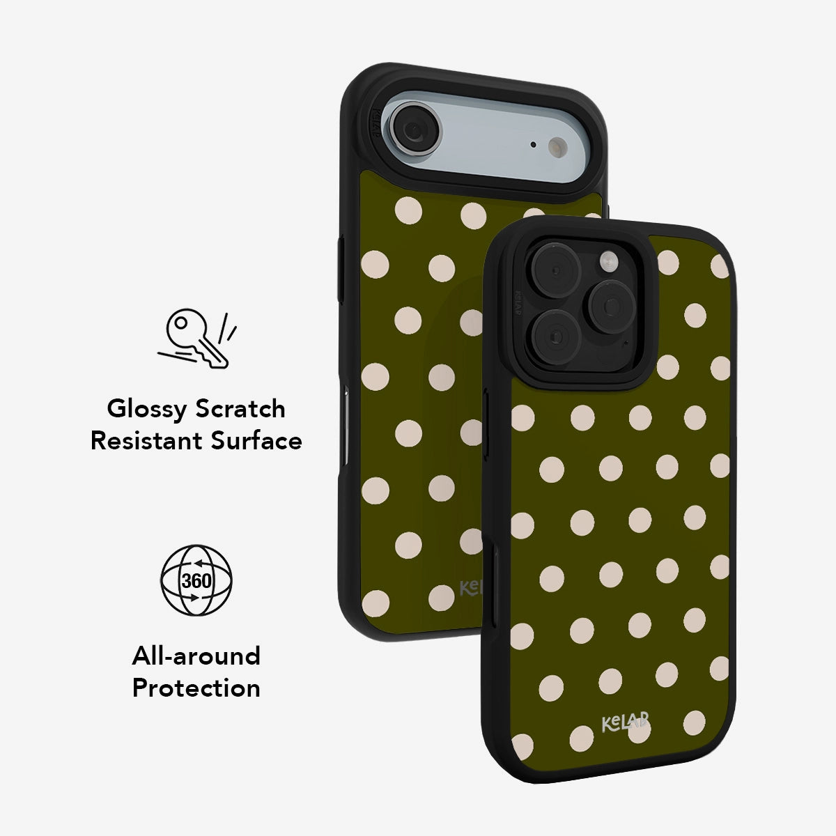 Green polka dot phone case with glossy scratch-resistant surface and 360° all-around protection.