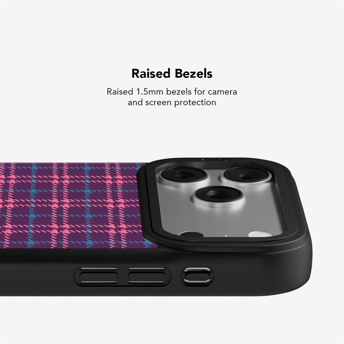 Purple Plaid Phone Case with pink and teal tartan design, featuring raised 1.5mm bezels for enhanced camera and screen protection.