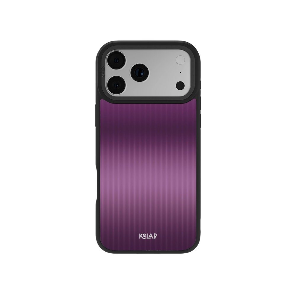 Purple striped phone case with black edges, designed for iPhone, offering sleek protection and style.