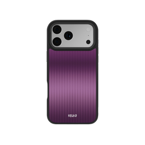 Purple striped phone case with black edges, designed for iPhone, offering sleek protection and style.