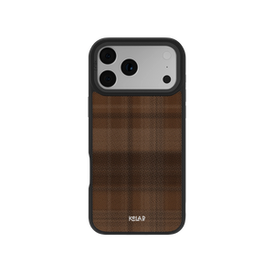 Brown plaid iPhone case with durable black edges and textured finish for added grip.
