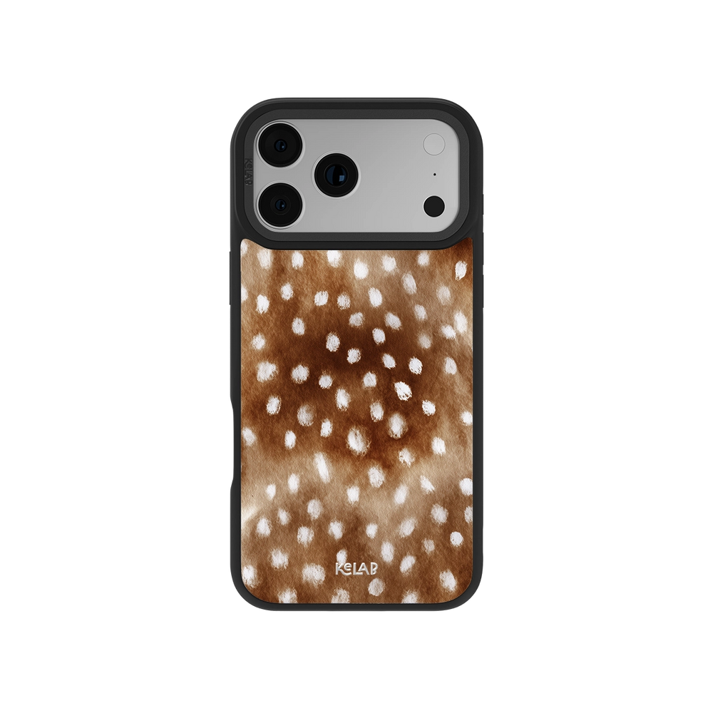 Fawn & Deer Print Cottagecore iPhone Case with brown watercolor fur pattern and white spots, designed for a soft woodland aesthetic.
