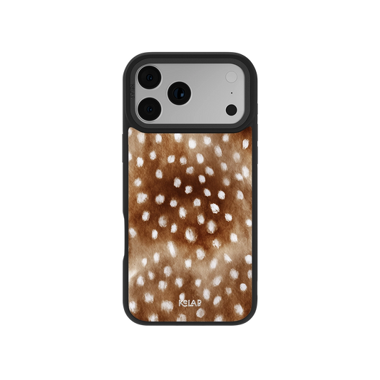 Fawn & Deer Print Cottagecore iPhone Case with brown watercolor fur pattern and white spots, designed for a soft woodland aesthetic.