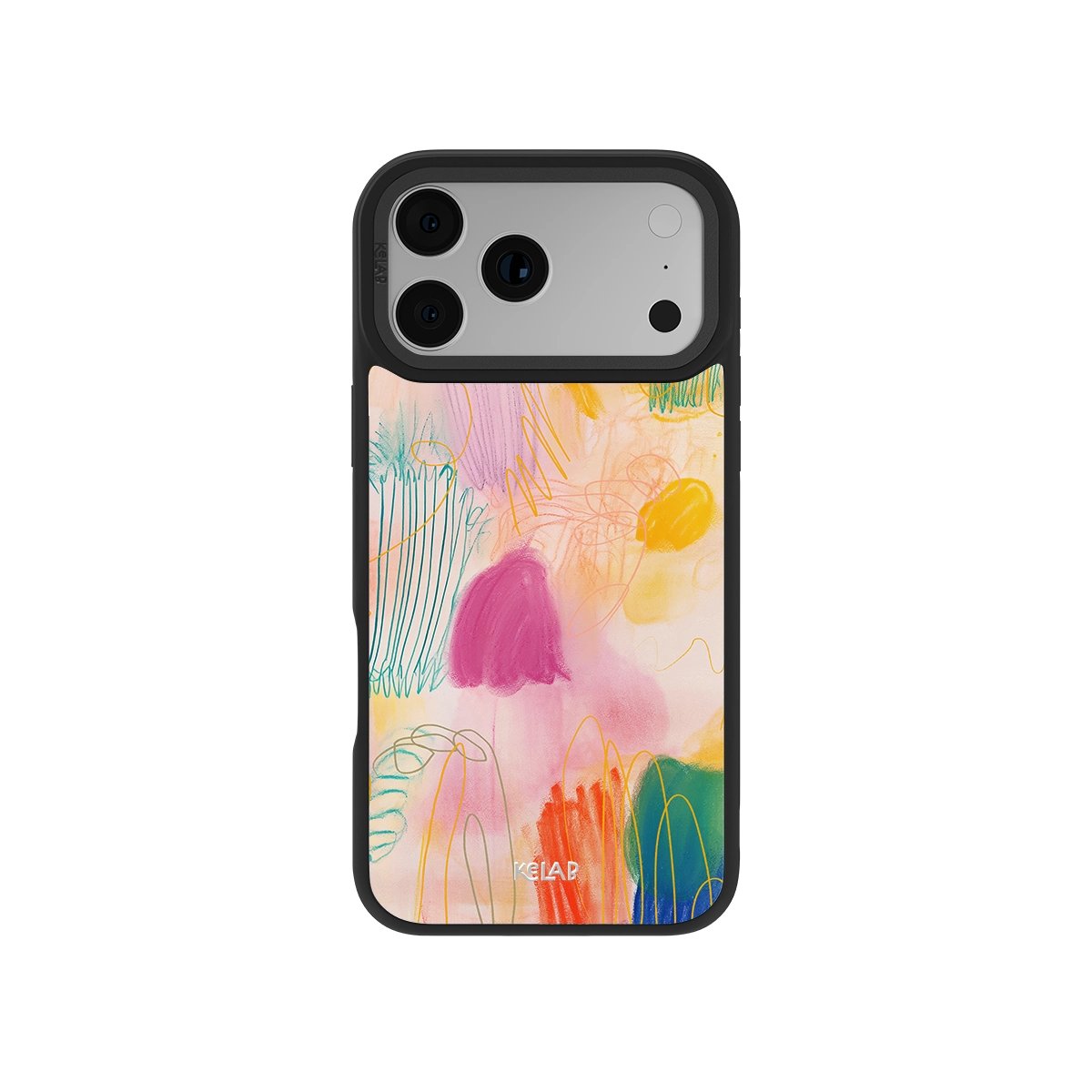 Abstract Design Art iPhone Case by KELAB featuring a colorful crayon scribble pattern on a glossy protective phone case with kidcore aesthetic.