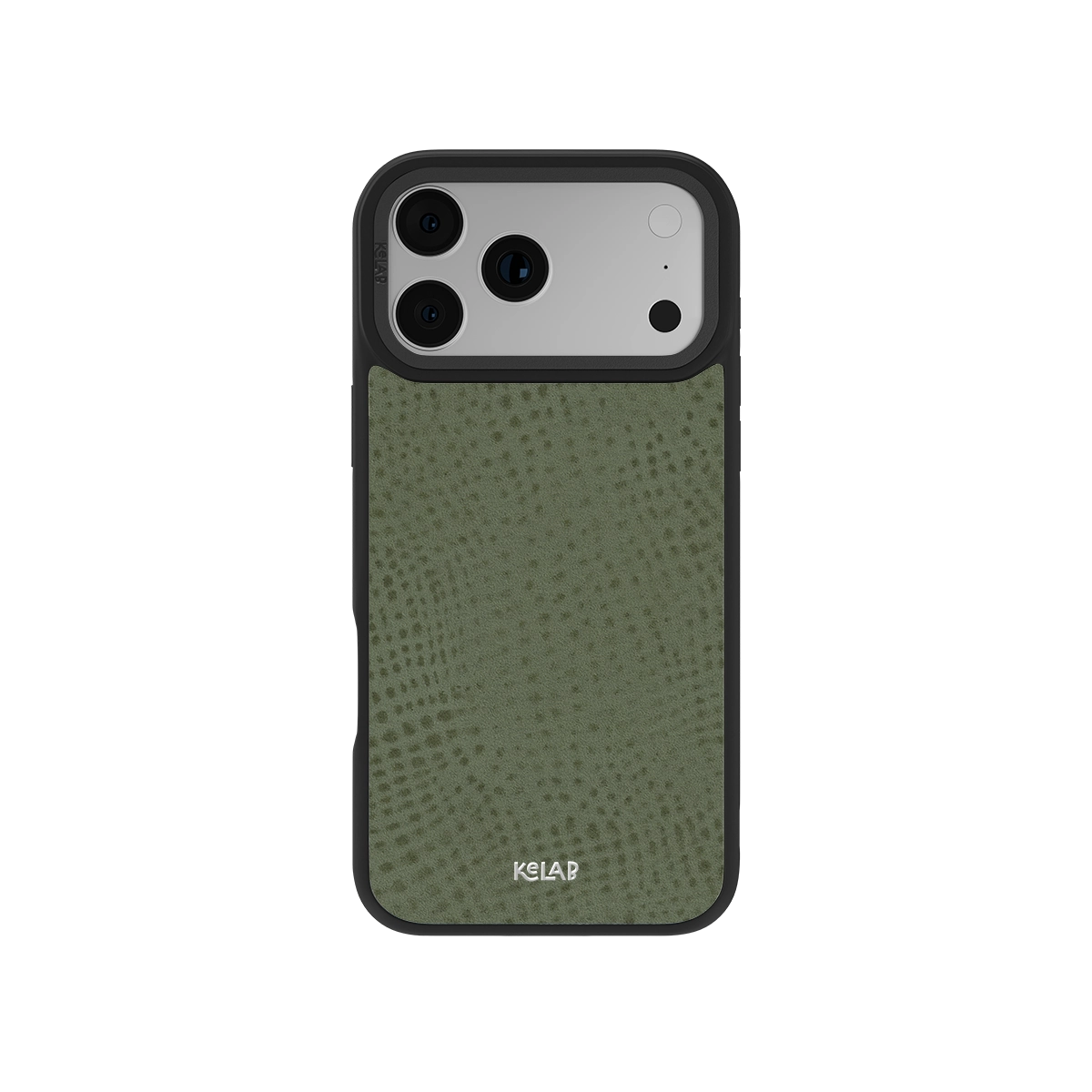 Sage Green Phone Case with pebbled texture and black bumper, designed for minimalist style and modern smartphone protection.
