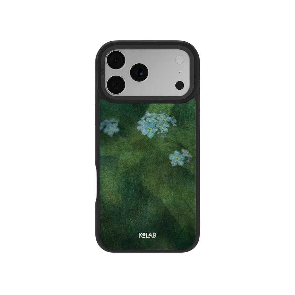 Deep Green Floral iPhone Case by KELAB featuring delicate blue forget-me-not flowers on a misty green background. Stylish and protective phone accessory.