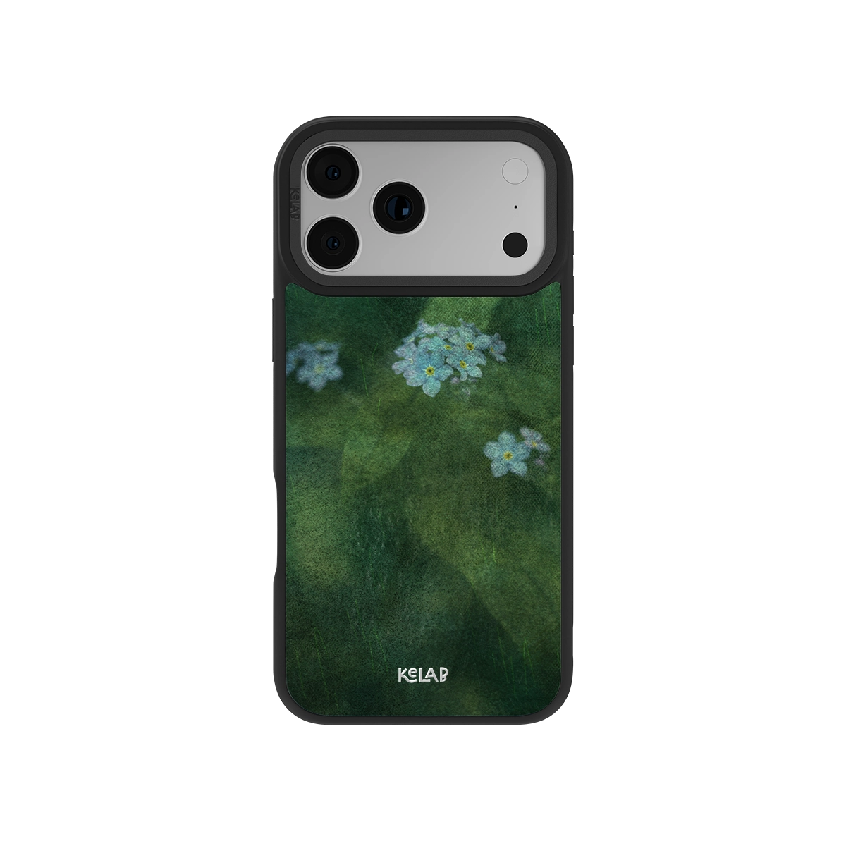 Deep Green Floral iPhone Case by KELAB featuring delicate blue forget-me-not flowers on a misty green background. Stylish and protective phone accessory.