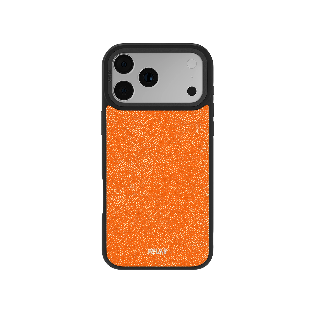 Stipple Electric Orange iPhone Case with fine grain texture and bold industrial design, shown on a phone with black bumper edges.