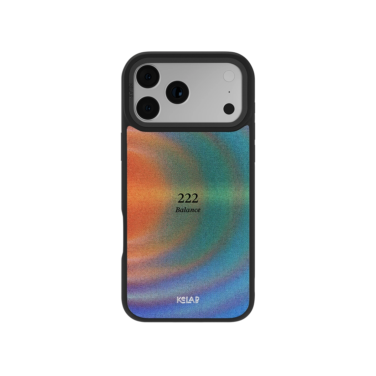 Angel Number 222 iPhone Case with retro gradient design in orange, blue, and green tones, featuring 'Balance' text for spiritual aesthetic.