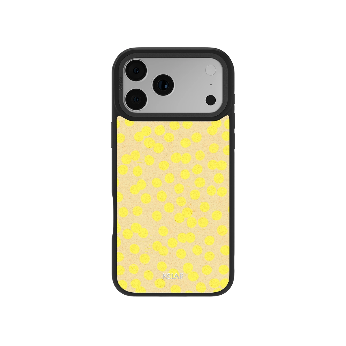 Retro Style Yellow Dotted iPhone Case by KELAB featuring a butter yellow polka dot design with a sleek black bumper for a chic summer aesthetic.