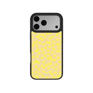 Retro Style Yellow Dotted iPhone Case by KELAB featuring a butter yellow polka dot design with a sleek black bumper for a chic summer aesthetic.