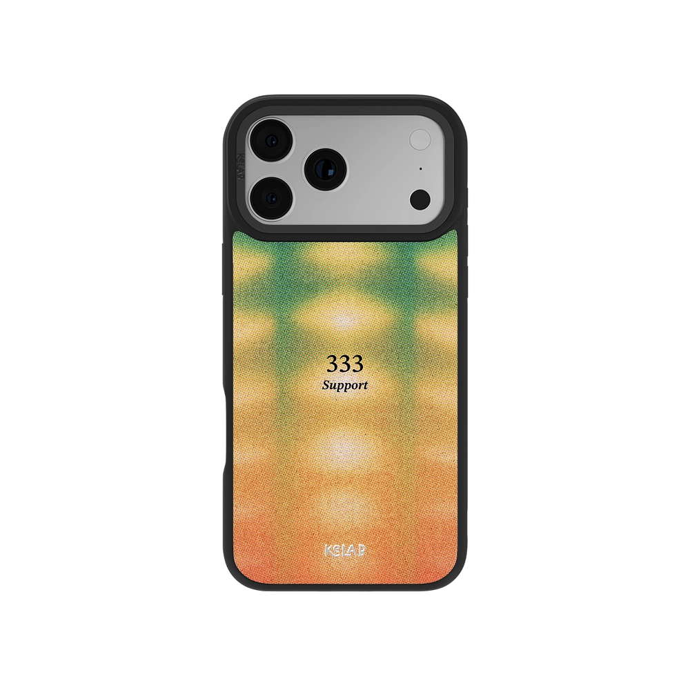 Angel Number 333 iPhone Case with retro gradient design in orange, green, and yellow tones, featuring 'Support' text for spiritual aesthetic.