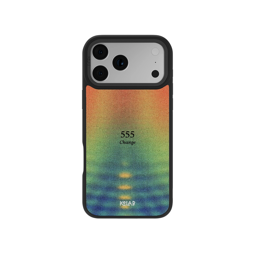 Angel Number 555 iPhone Case with retro gradient design in orange, green, and blue tones, featuring the word 'Change' for spiritual aesthetic.
