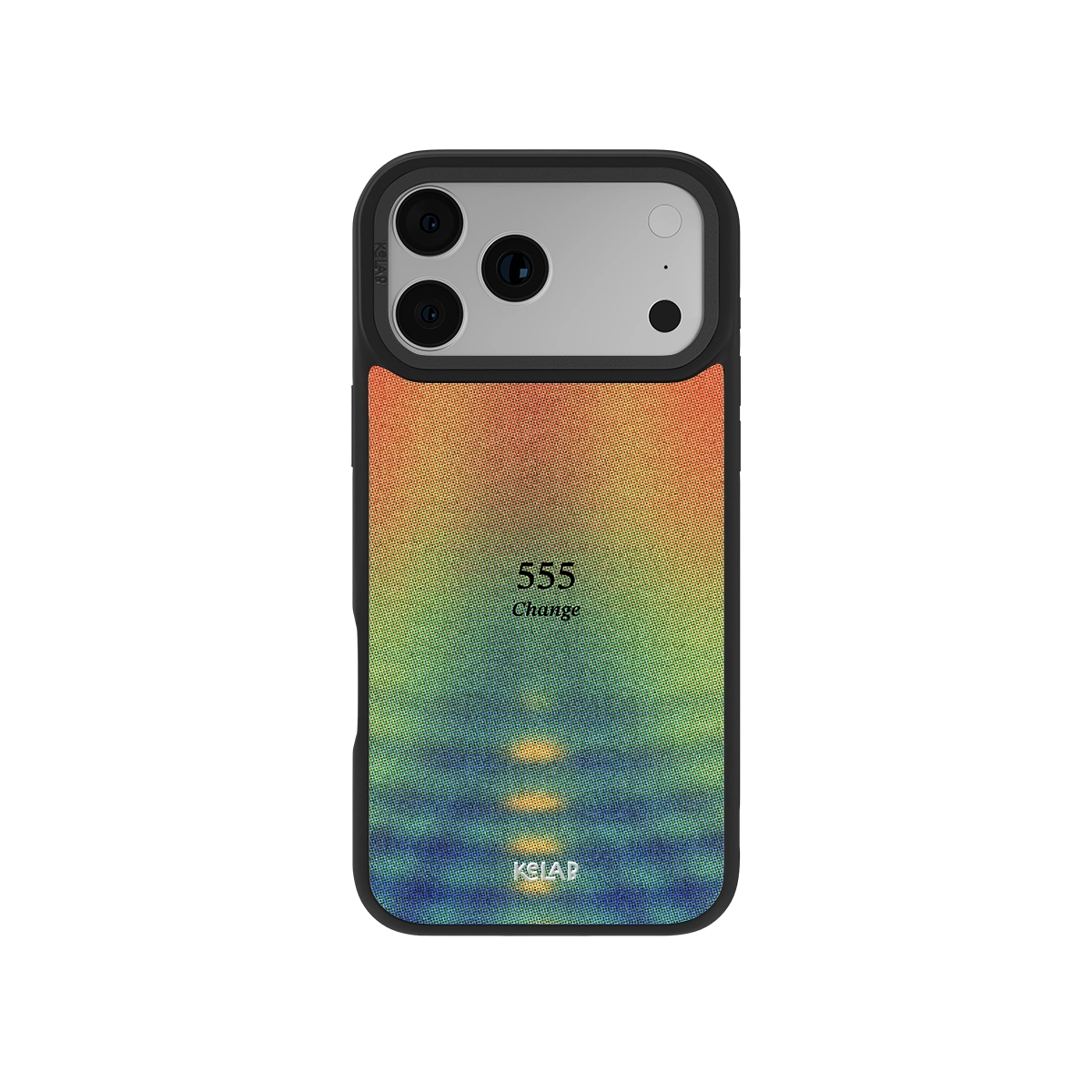 Angel Number 555 iPhone Case with retro gradient design in orange, green, and blue tones, featuring the word 'Change' for spiritual aesthetic.