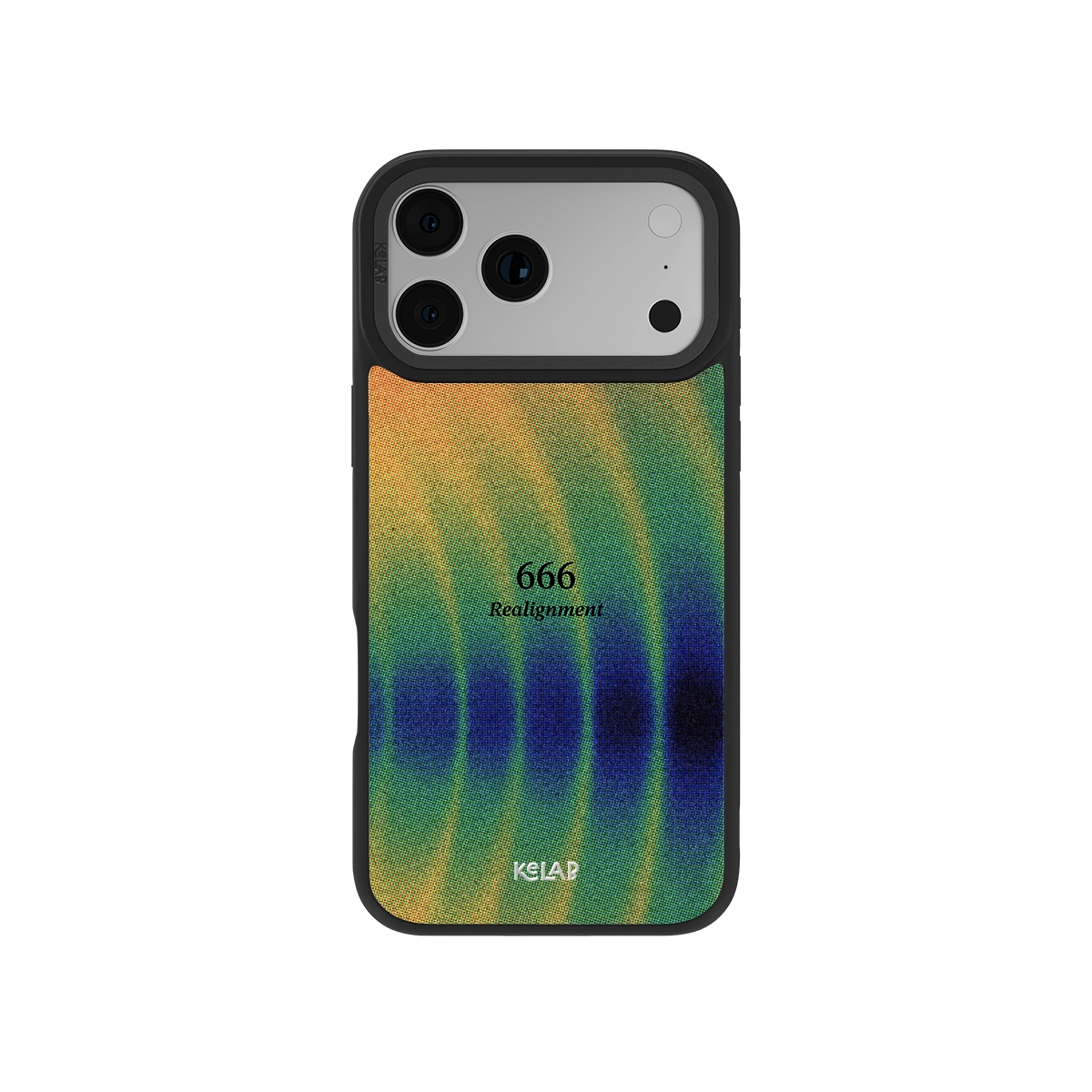 Angel Number 666 iPhone Case with retro gradient design in green, orange, and blue tones, featuring 'Realignment' text for spiritual aesthetic.