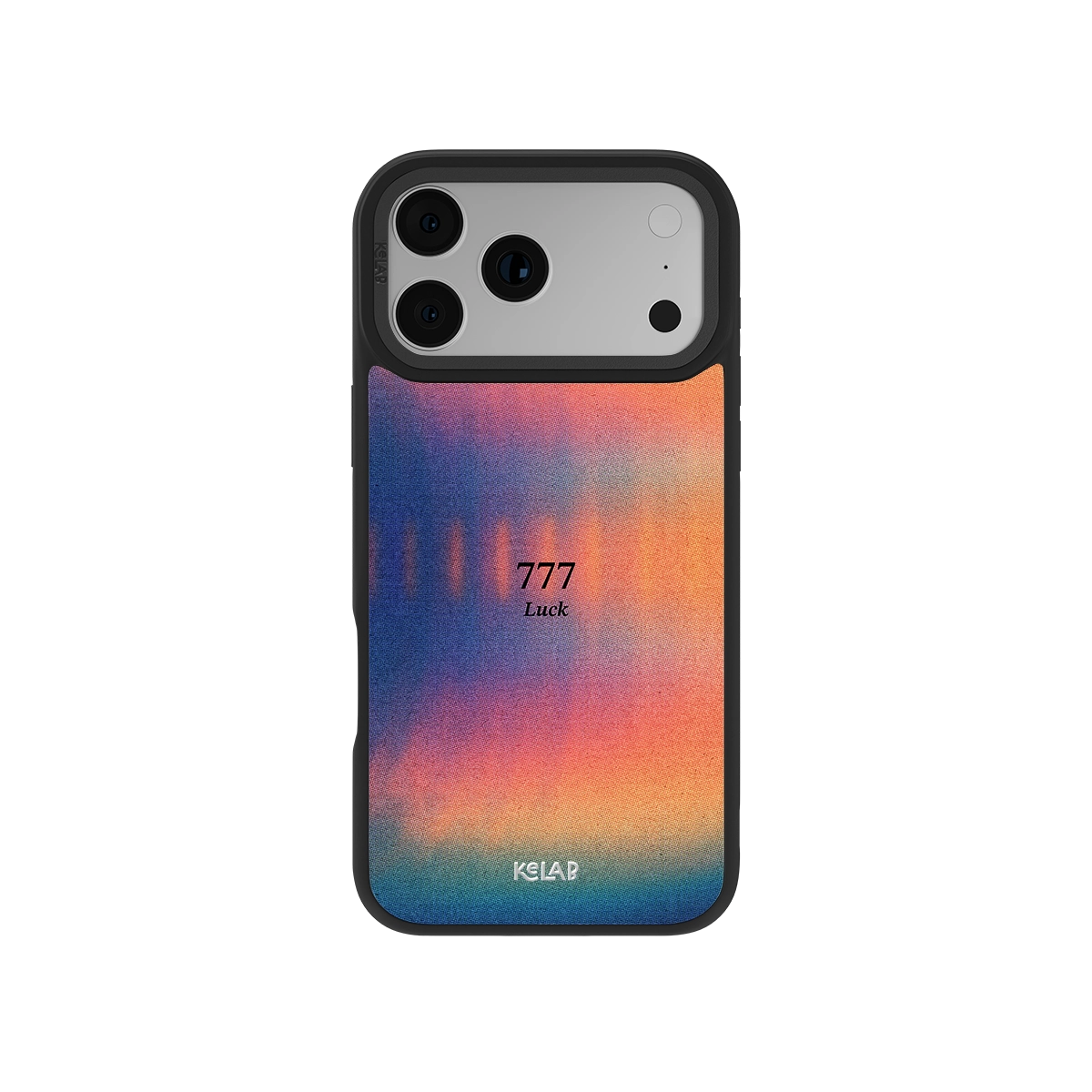 Angel Number 777 iPhone Case with retro gradient design in orange, purple, and blue tones, featuring minimal '777 Luck' text for a spiritual aesthetic.