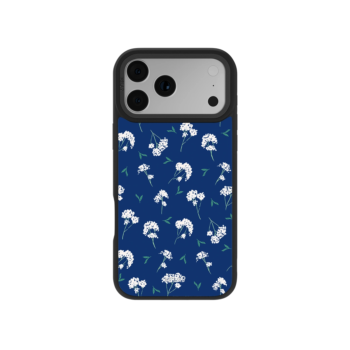White floral iPhone case with cobalt blue background featuring baby's breath design and green leaves, perfect for a stylish botanical look.