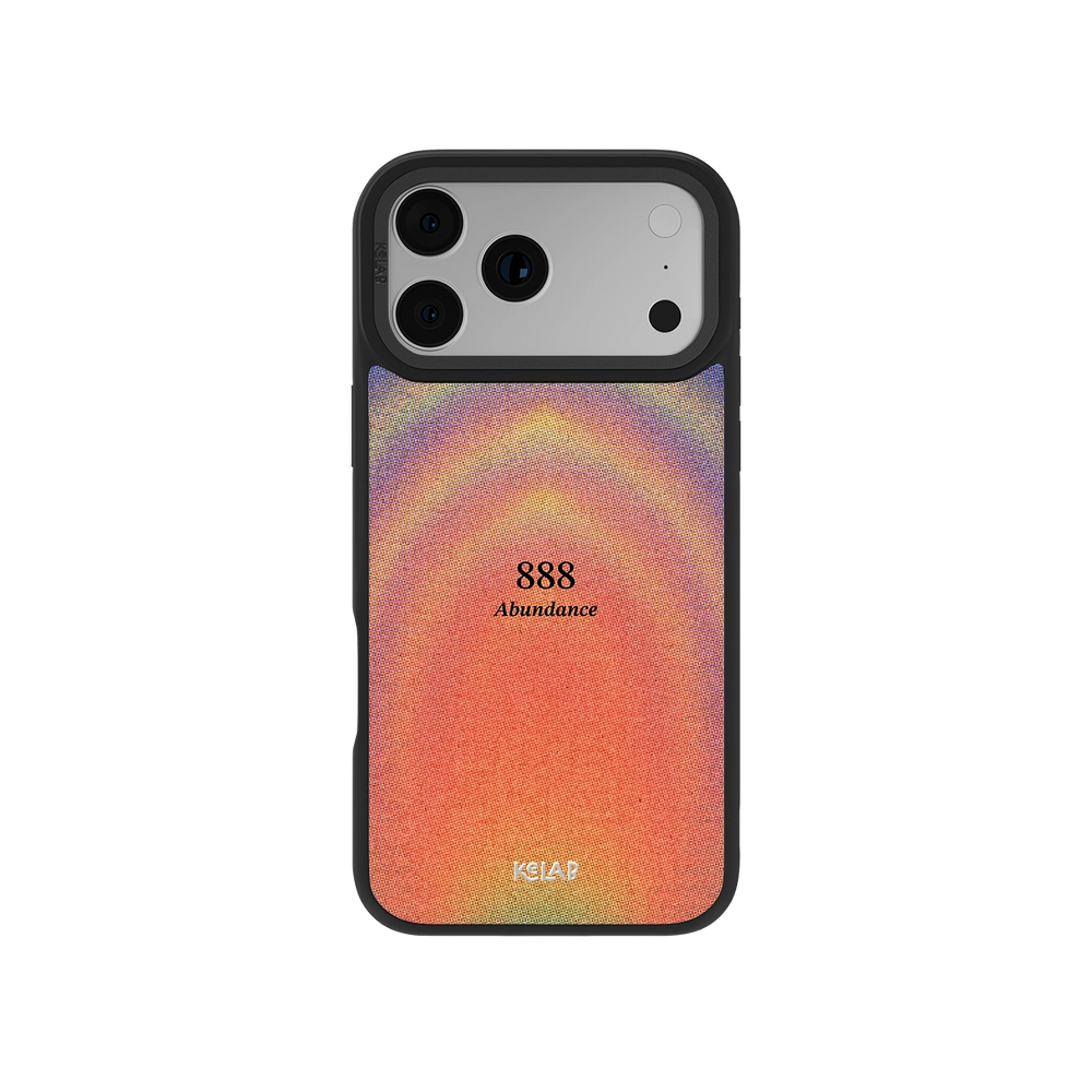 Angel Number 888 iPhone Case with retro gradient design in orange and purple tones, featuring '888 Abundance' text for spiritual aesthetic.