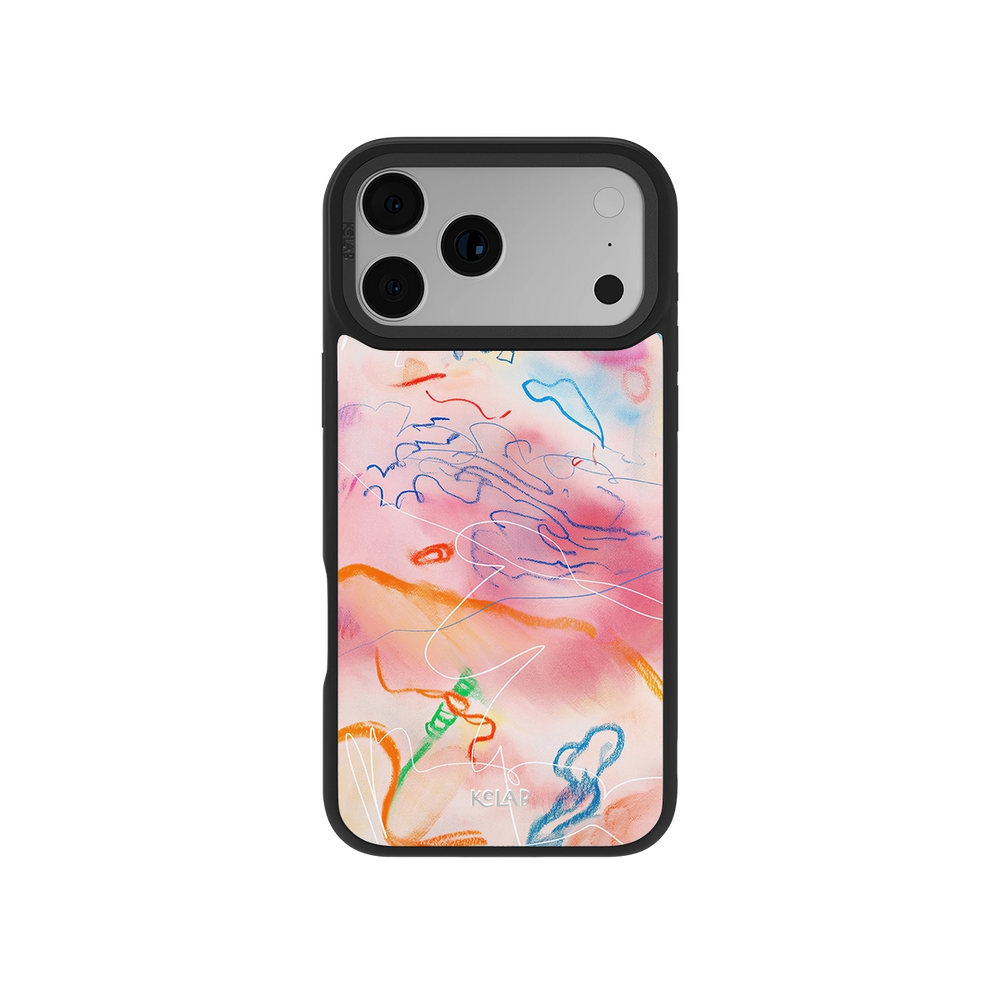 Scribble Marker Art iPhone Case with abstract crayon textures and watercolor gradient background in kidcore aesthetic, shown on phone back.