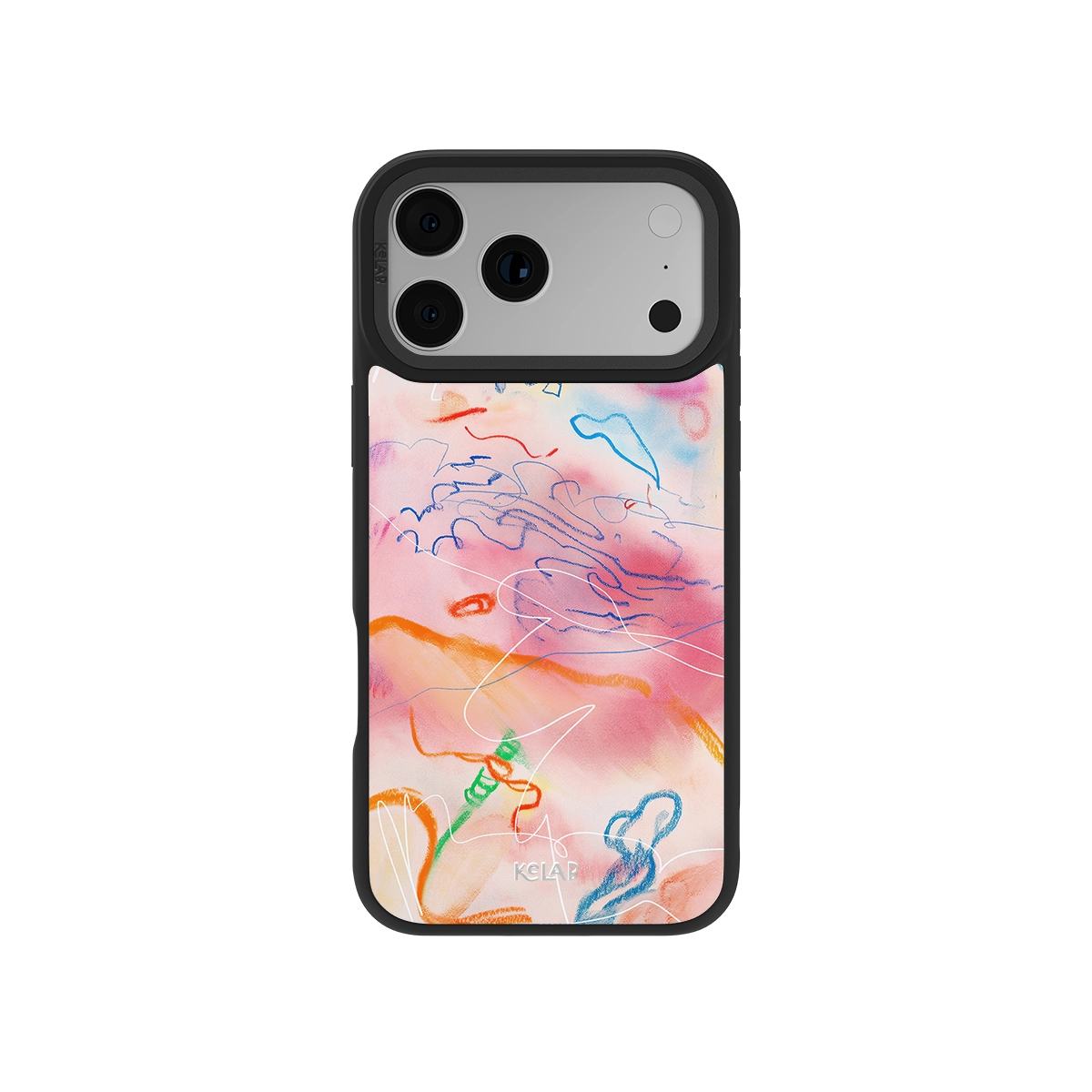 Scribble Marker Art iPhone Case with abstract crayon textures and watercolor gradient background in kidcore aesthetic, shown on phone back.