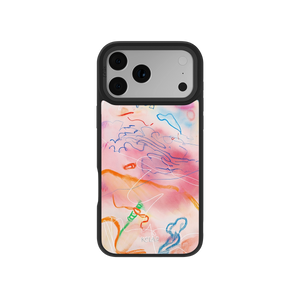 Scribble Marker Art iPhone Case with abstract crayon textures and watercolor gradient background in kidcore aesthetic, shown on phone back.