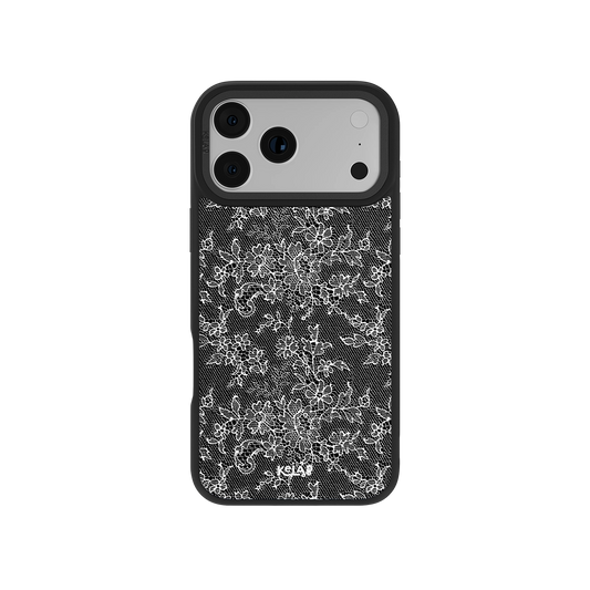 Black floral TPU iPhone Case with chrome silver accents for iPhone 14 Pro Max