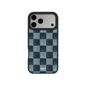 Blue checkered iPhone case with MagSafe, anti-slip texture, and drop protection edges.