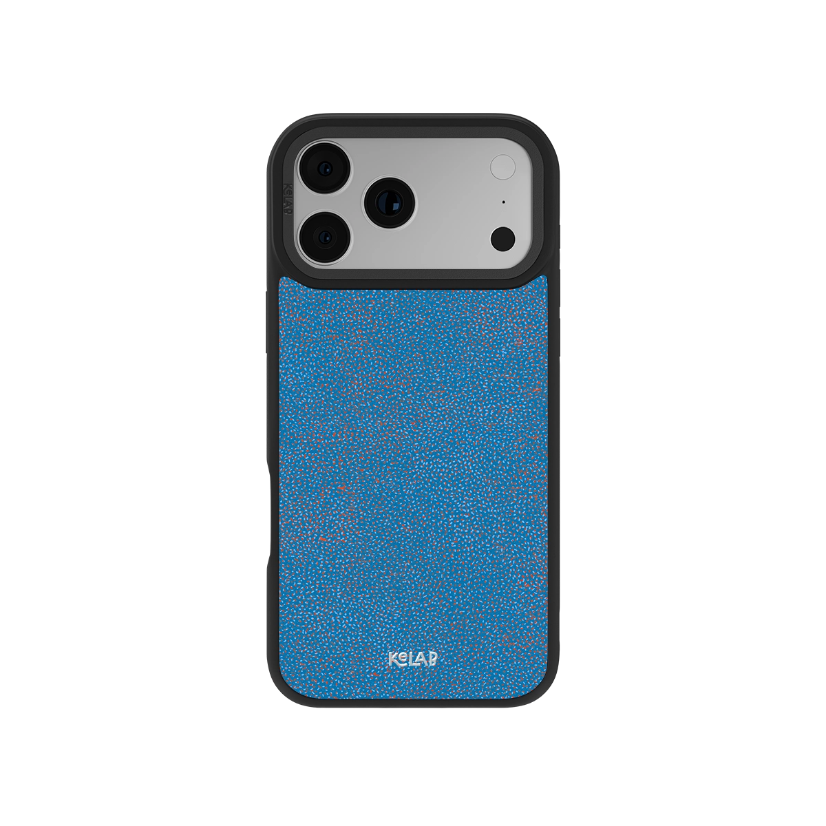 Blue Micro Dotted iPhone Case by KELAB featuring a digital grain texture with vibrant blue and orange dots, designed for modern smartphone protection.