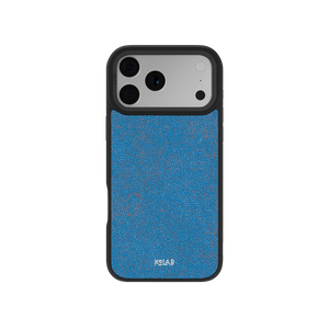 Blue Micro Dotted iPhone Case by KELAB featuring a digital grain texture with vibrant blue and orange dots, designed for modern smartphone protection.