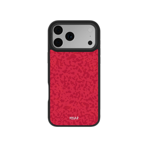 Red abstract camo pattern iPhone case by KELAB with a bold textured design and black bumper for stylish protection.